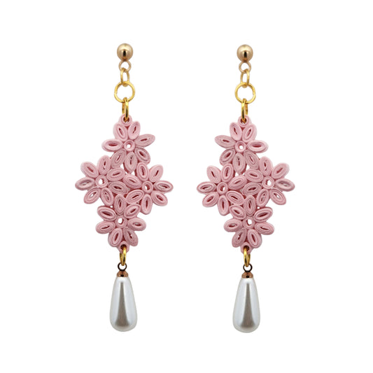 Pink Daisy Cluster & Pearl Drop Paper Earrings