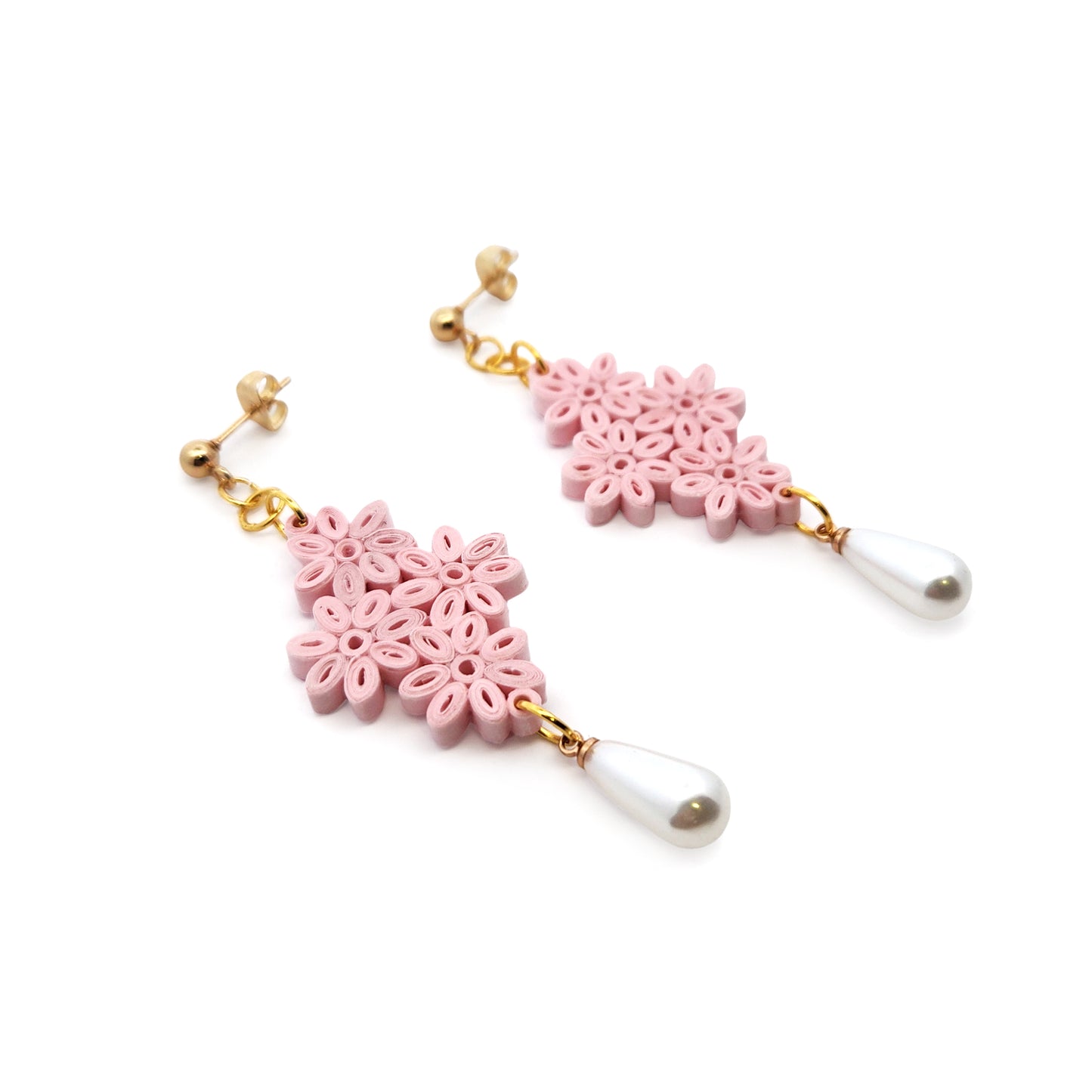 Pink Daisy Cluster & Pearl Drop Paper Earrings