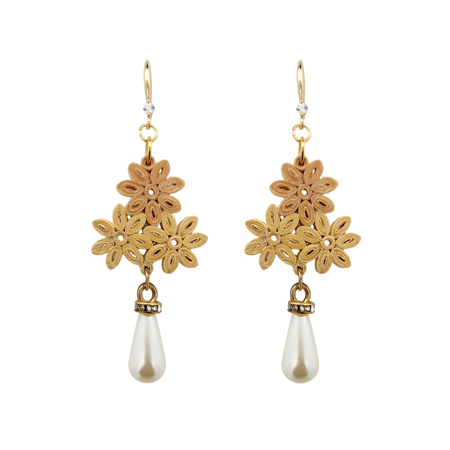 Ochre Daisy Cluster & Pearl Drop Paper Earrings