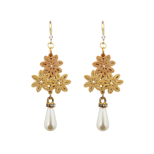 Ochre Daisy Cluster & Pearl Drop Paper Earrings