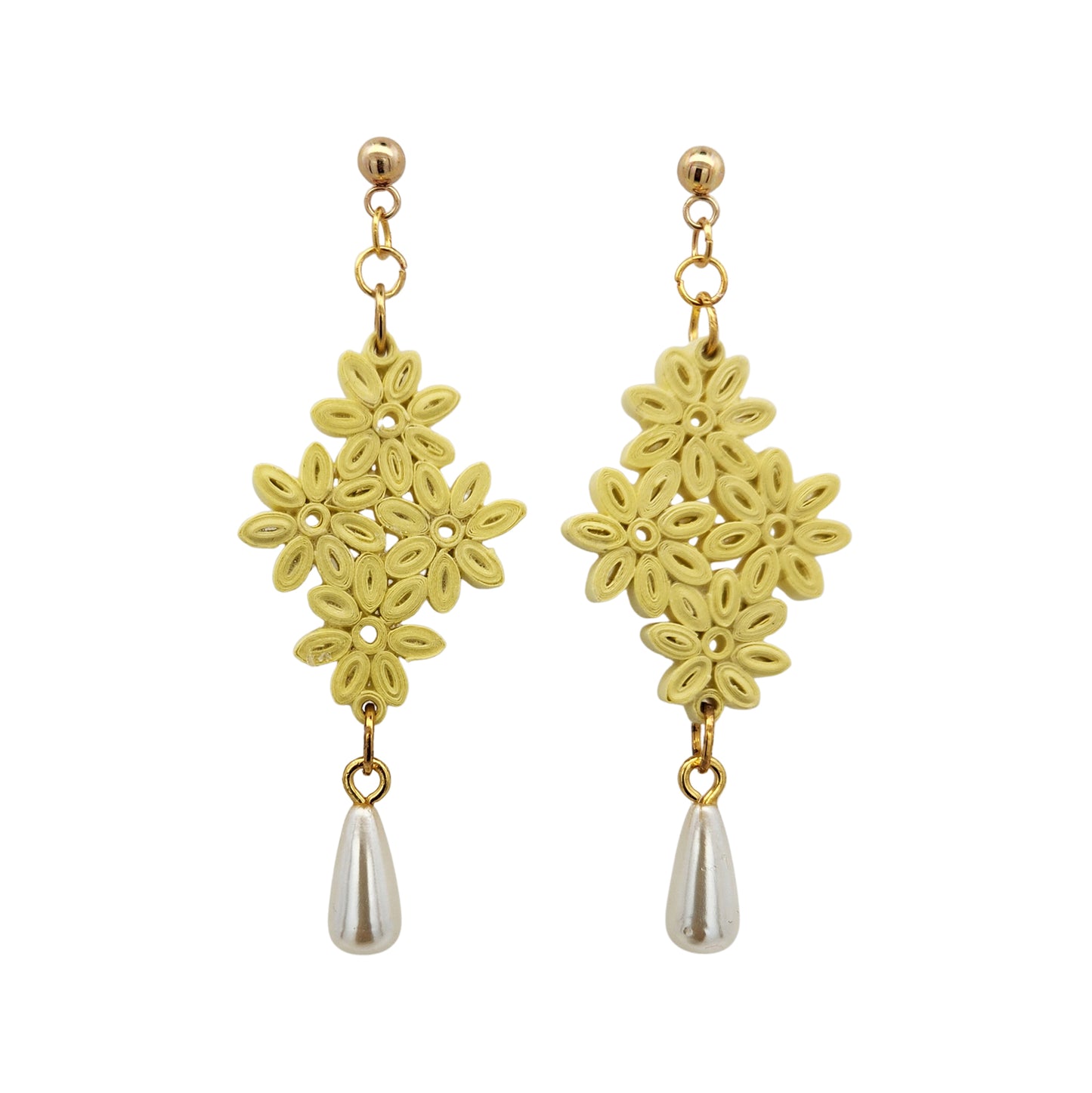 Yellow Daisy Cluster & Pearl Drop Paper Earrings