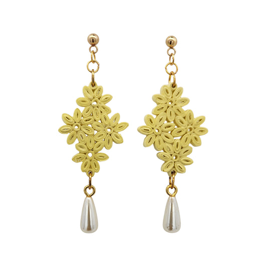 Yellow Daisy Cluster & Pearl Drop Paper Earrings