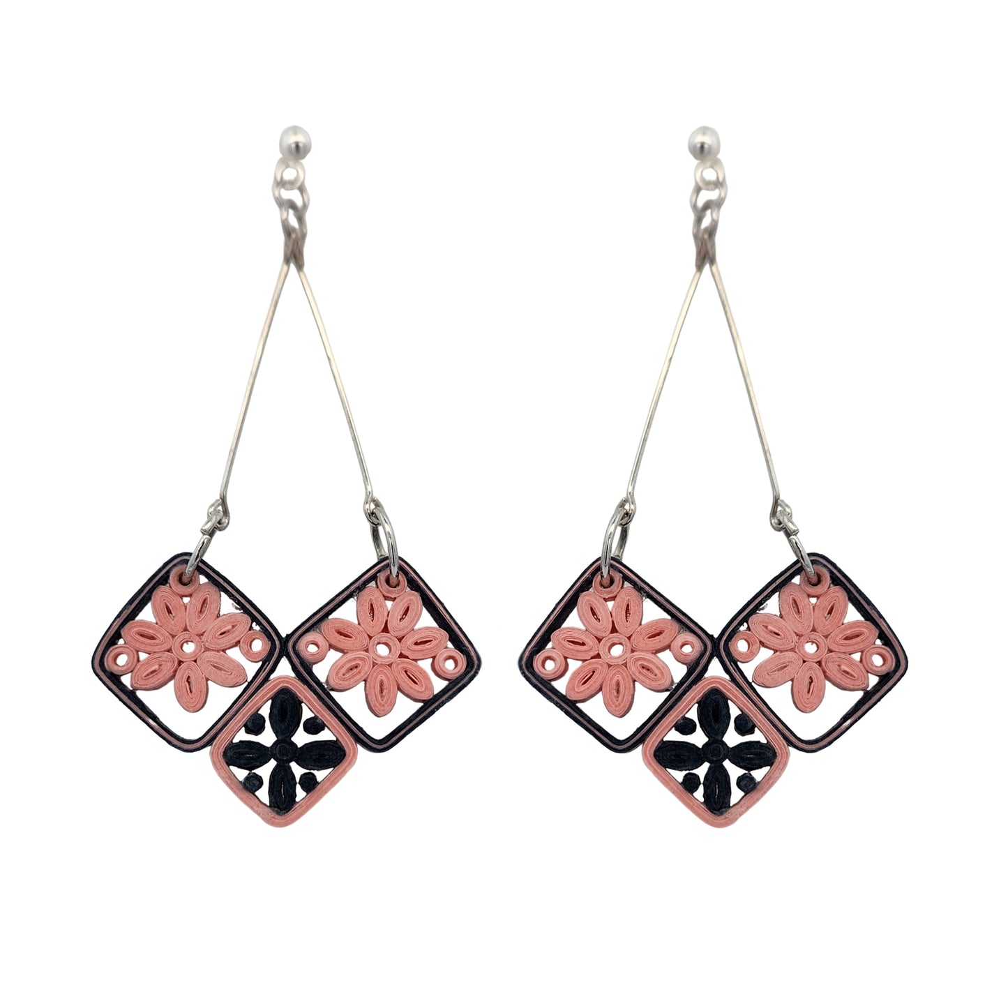 Hanging Basket Paper Flower Silver Earrings