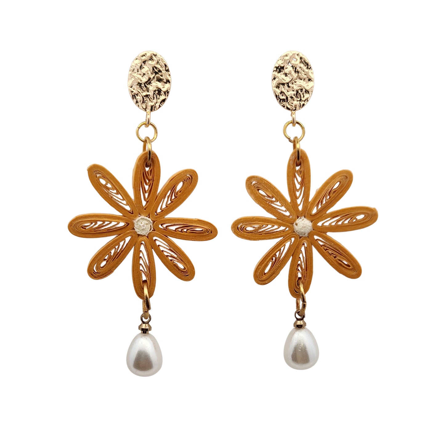 Ochre Single Daisy & Pearl Drop Paper Earrings