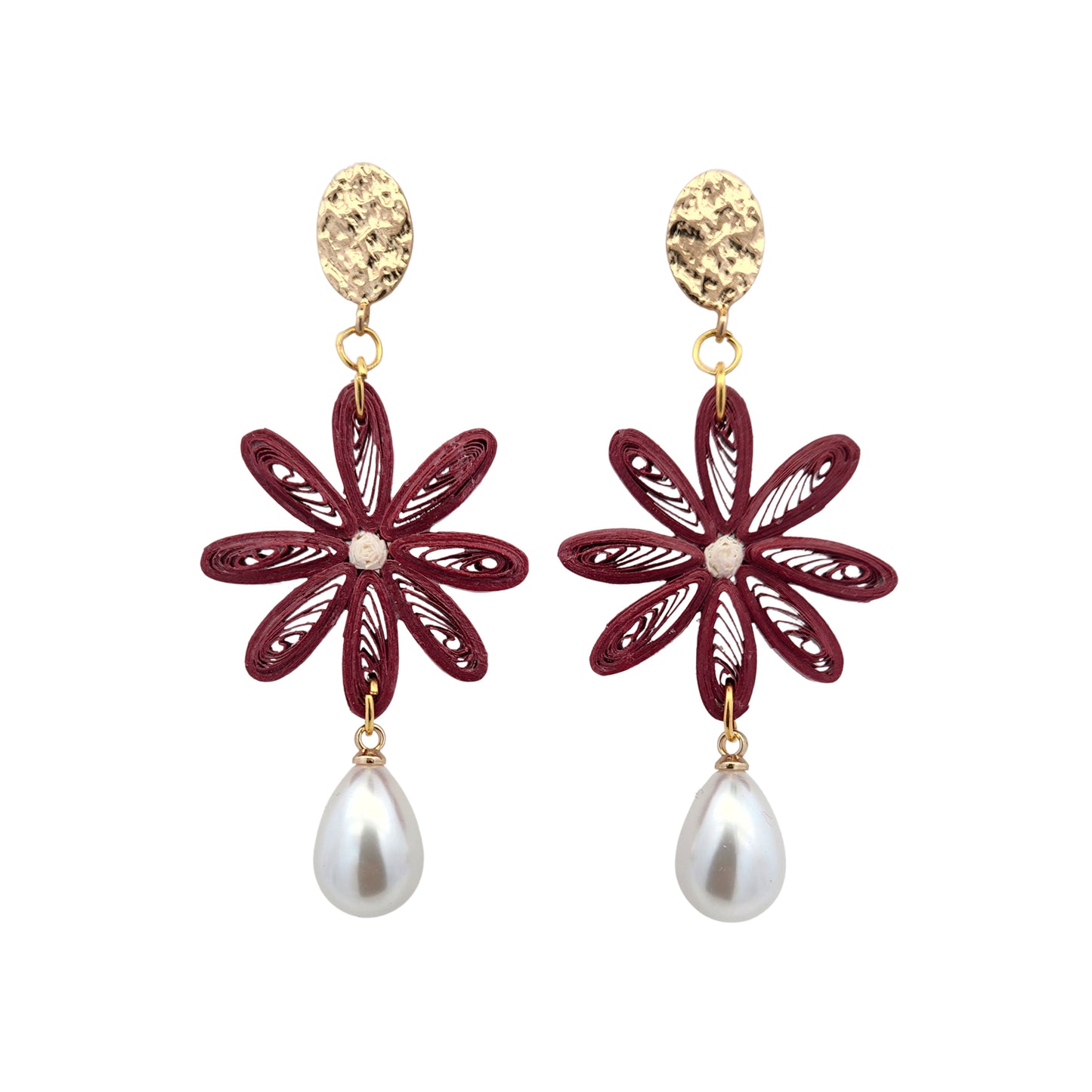Purple Single Daisy & Pearl Drop Paper Earrings