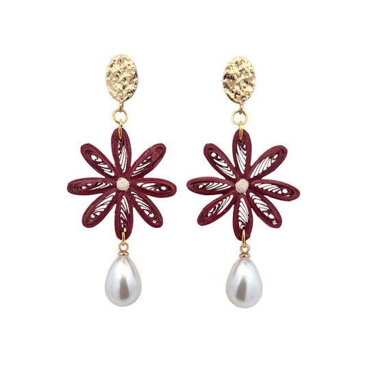 Purple Single Daisy & Pearl Drop Paper Earrings