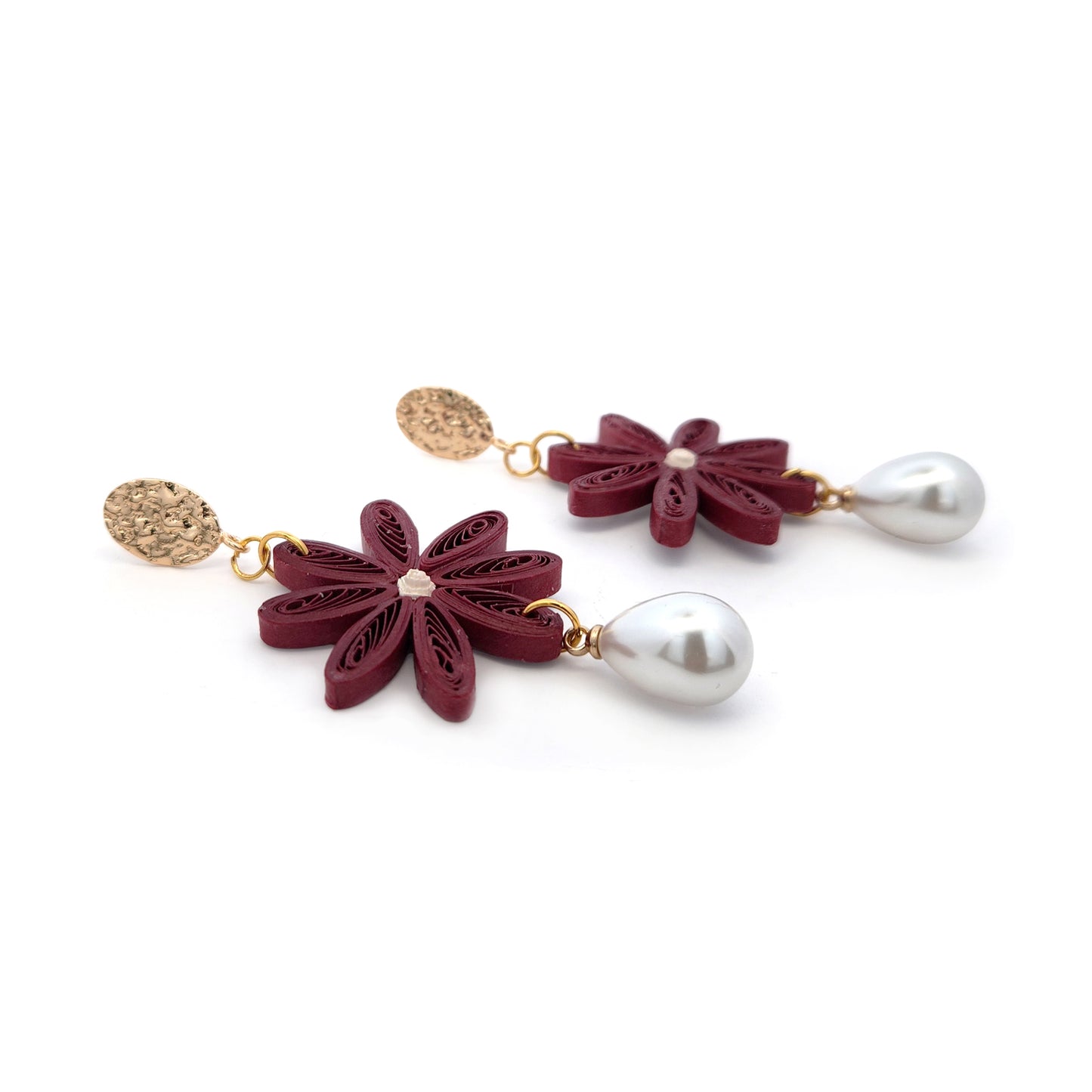 Purple Single Daisy & Pearl Drop Paper Earrings