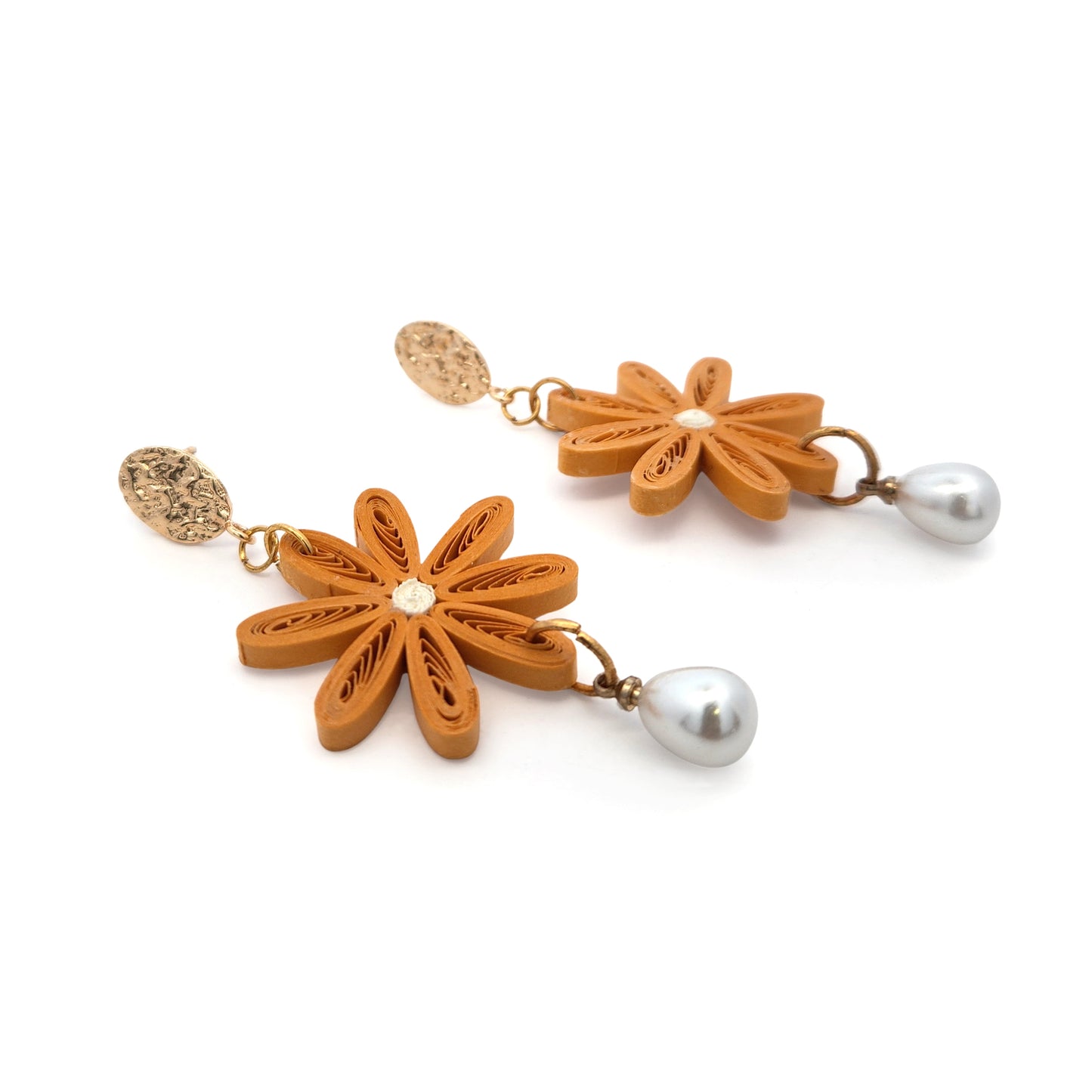 Ochre Single Daisy & Pearl Drop Paper Earrings