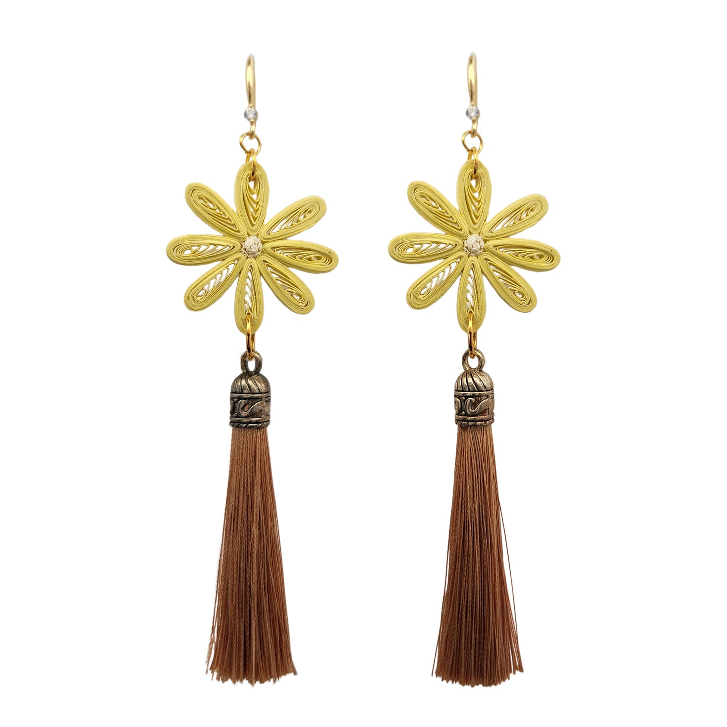 Yellow Daisy & Brown Tassel Paper Earrings