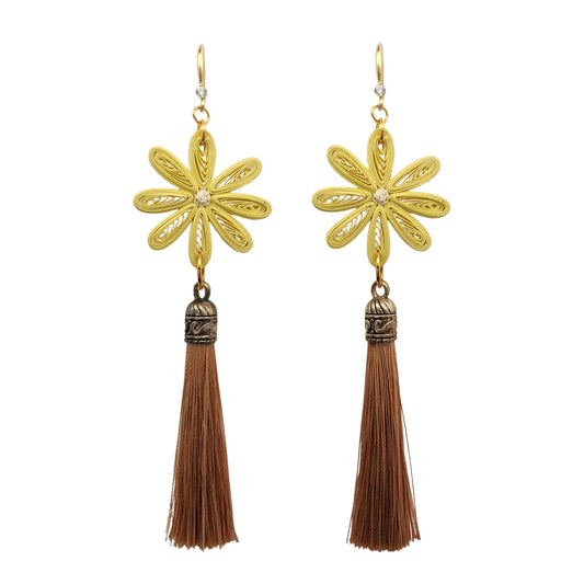Yellow Daisy & Brown Tassel Paper Earrings