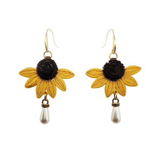 Sunflower & Pearl Paper Earrings