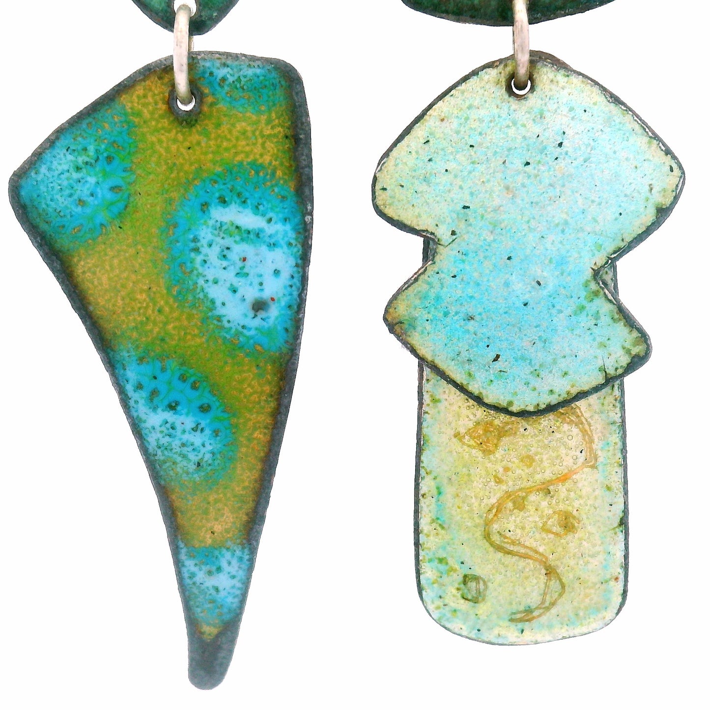 Asymmetrical Teal & Green Enamel Earrings
