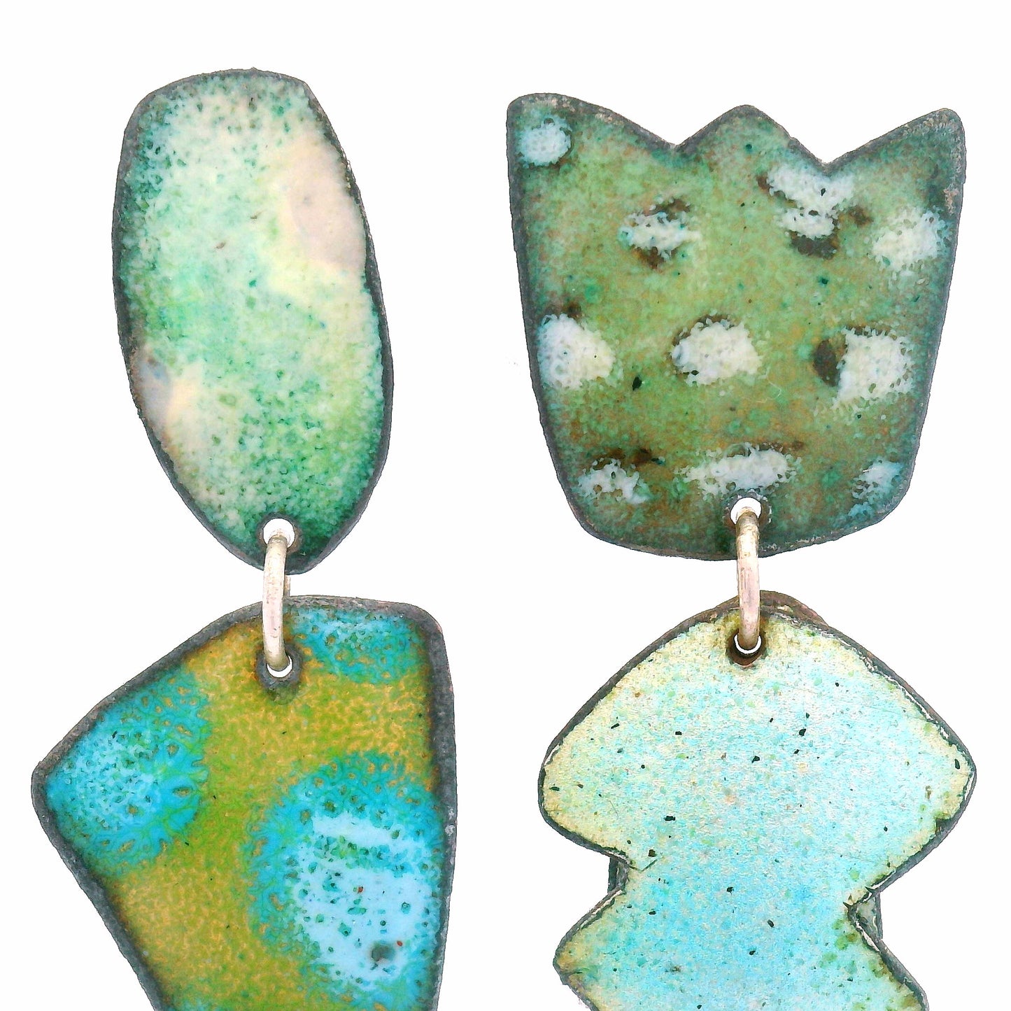 Asymmetrical Teal & Green Enamel Earrings