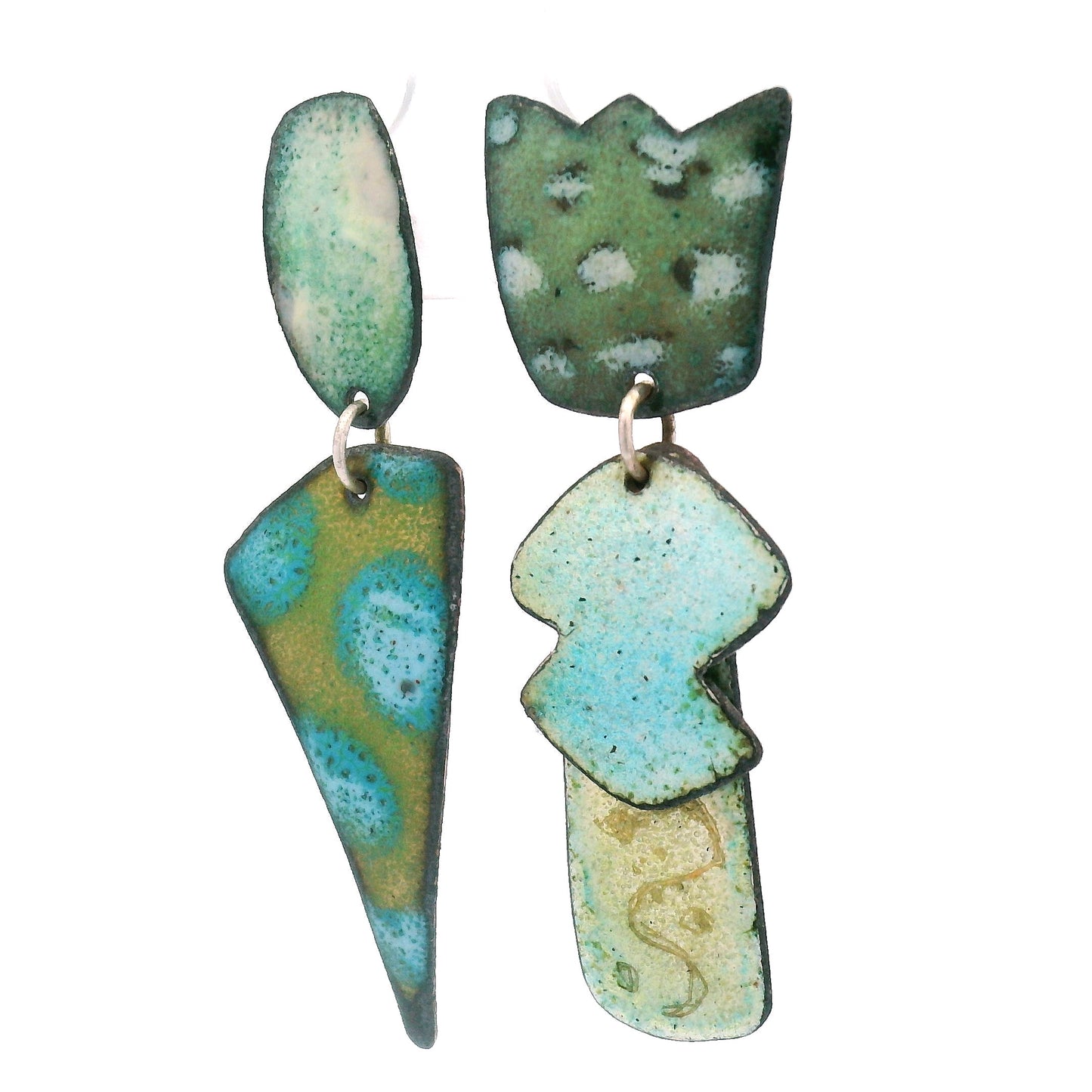 Asymmetrical Teal & Green Enamel Earrings
