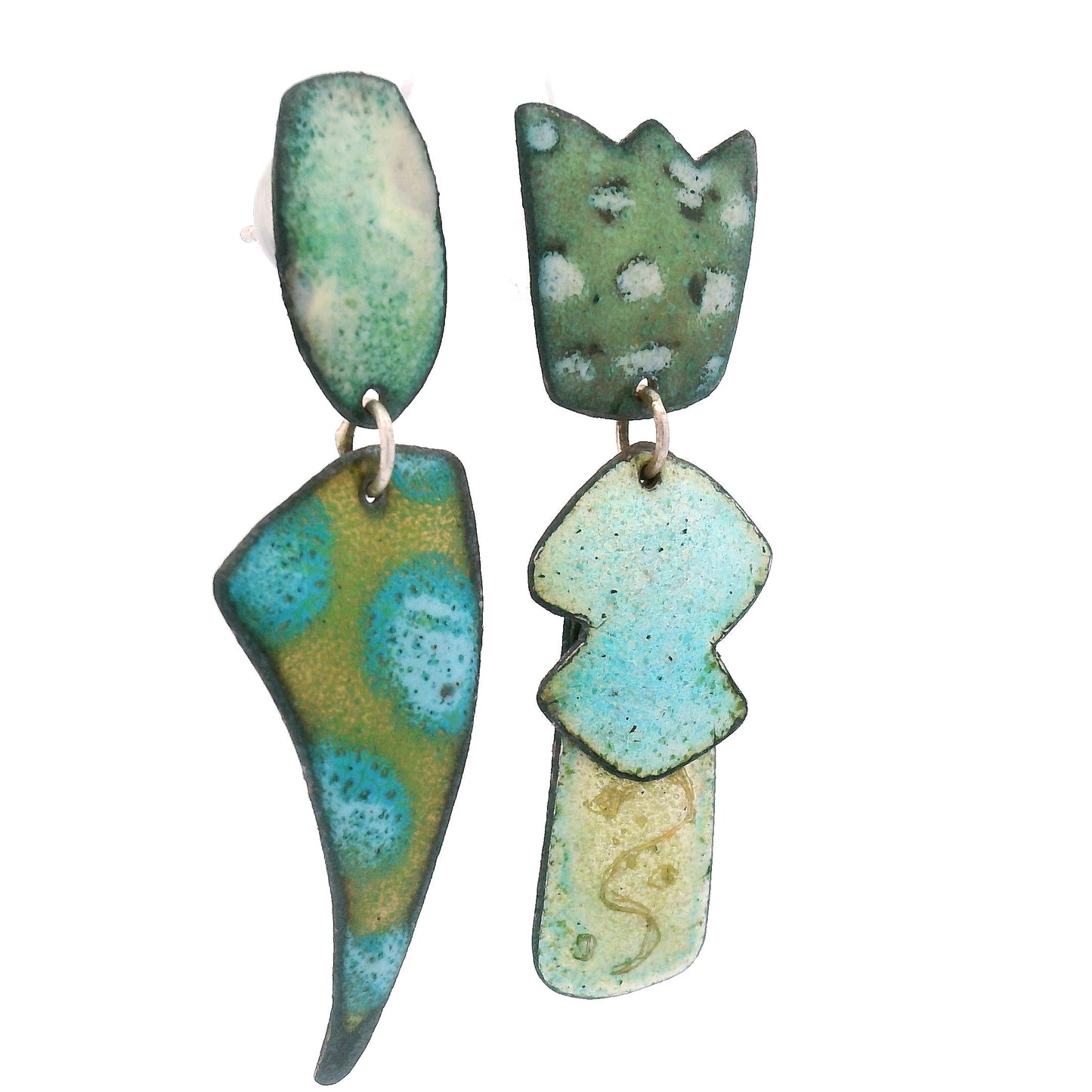 Asymmetrical Teal & Green Enamel Earrings