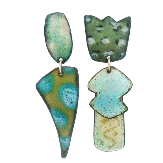 Asymmetrical Teal & Green Enamel Earrings