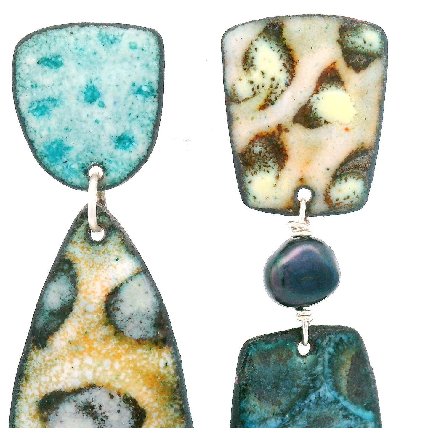 Asymmetrical Enamel Teal & Tan Earrings
