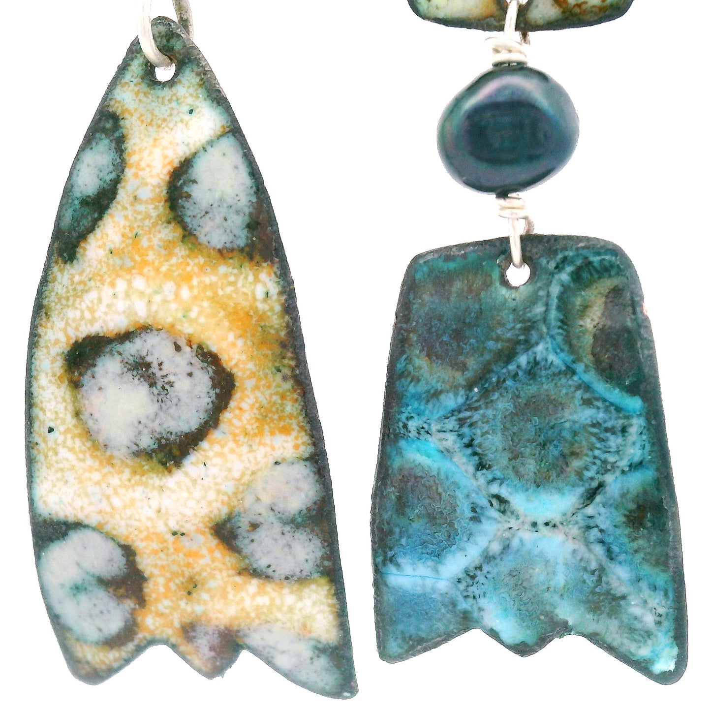 Asymmetrical Enamel Teal & Tan Earrings