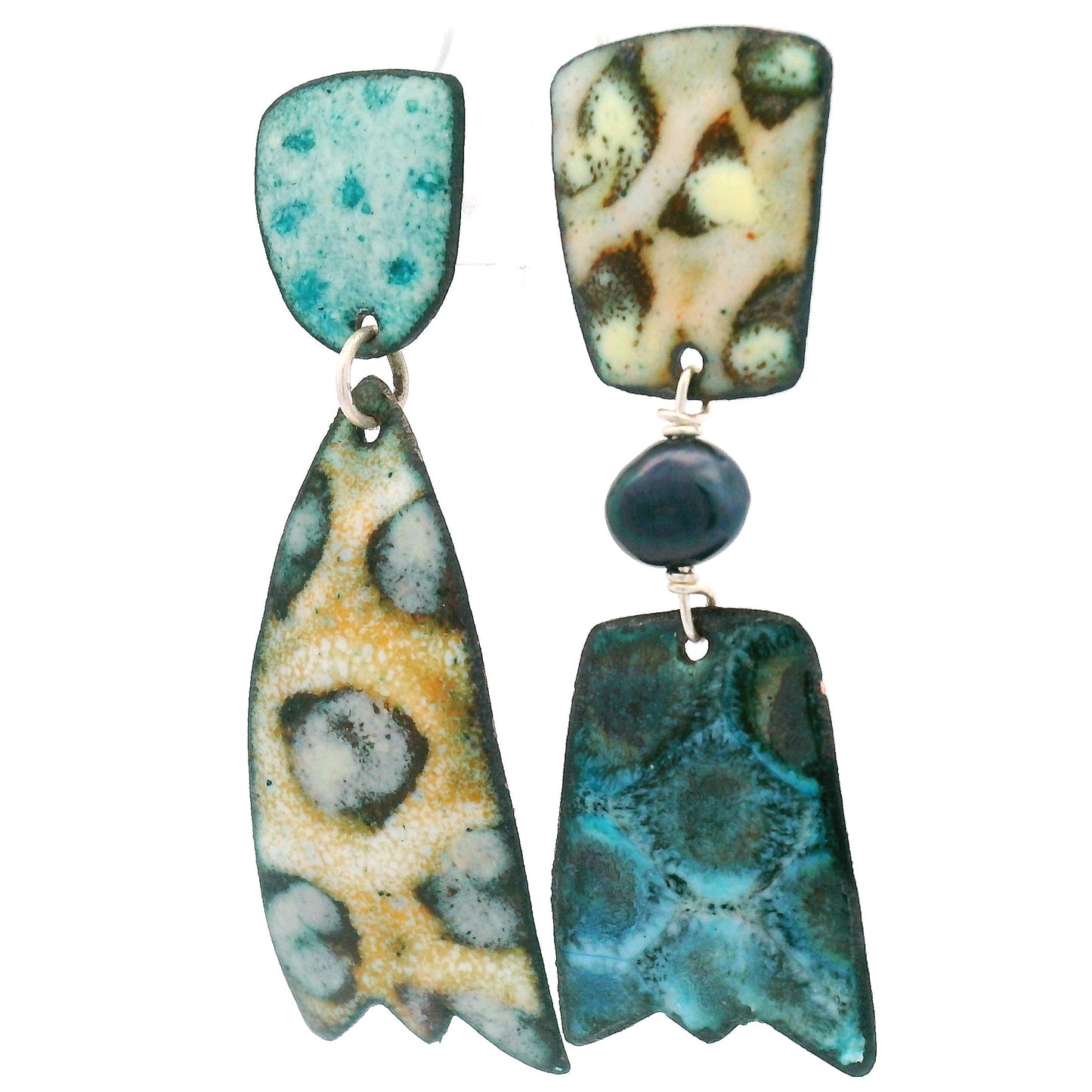 Asymmetrical Enamel Teal & Tan Earrings