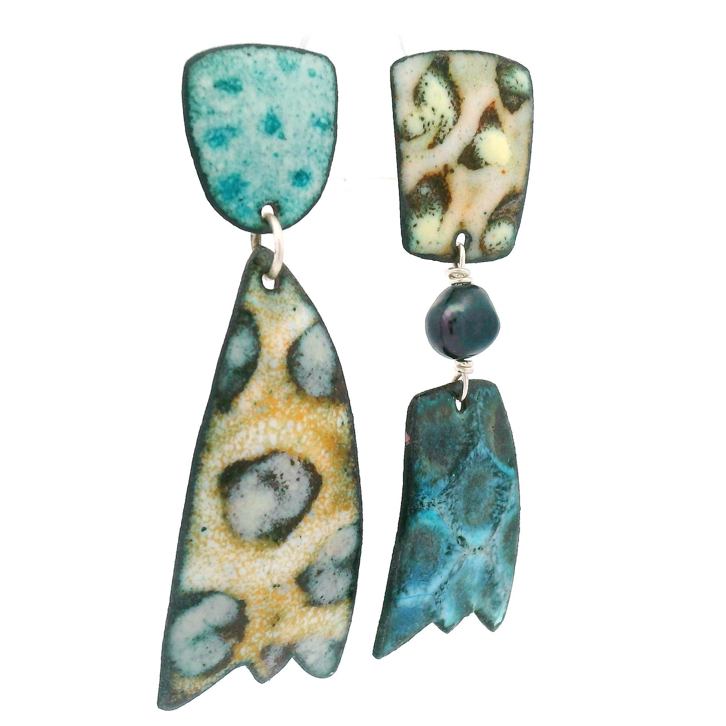 Asymmetrical Enamel Teal & Tan Earrings