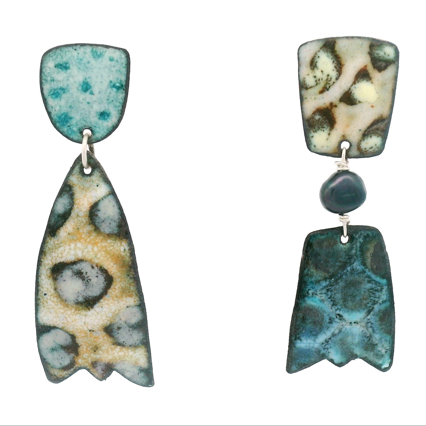Asymmetrical Enamel Teal & Tan Earrings