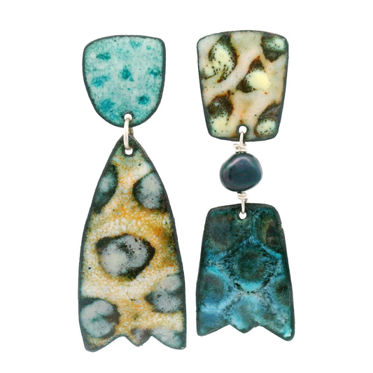 Asymmetrical Enamel Teal & Tan Earrings