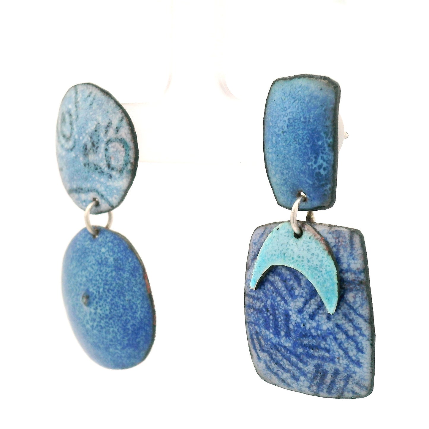 Asymmetrical Blue Moon Enamel Earrings