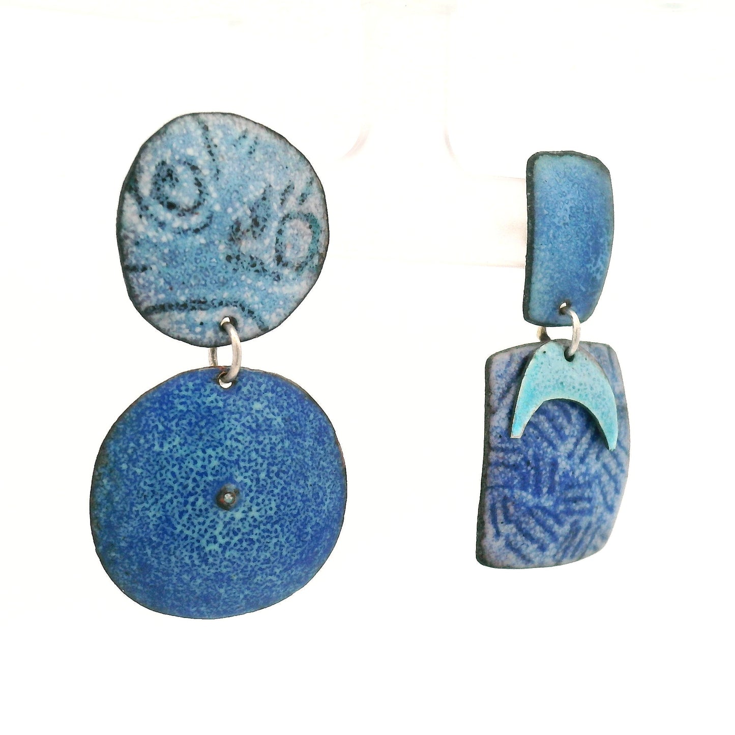 Asymmetrical Blue Moon Enamel Earrings