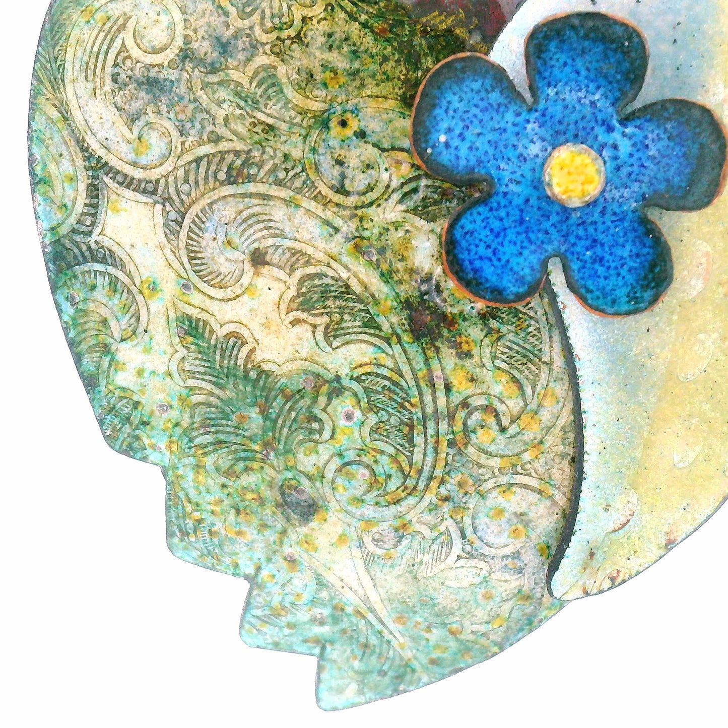 Enamel Green Leaf Blue Daisy Pendant