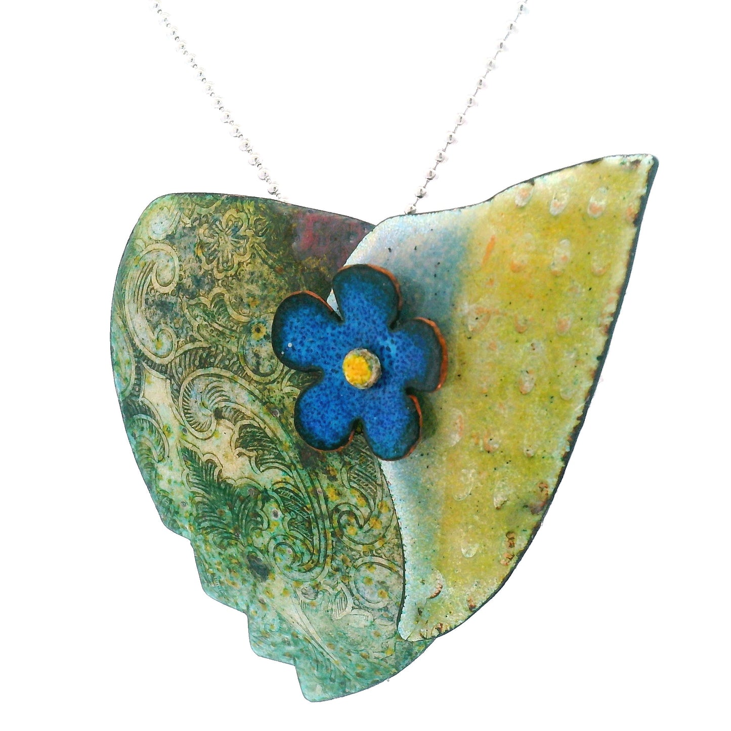 Enamel Green Leaf Blue Daisy Pendant