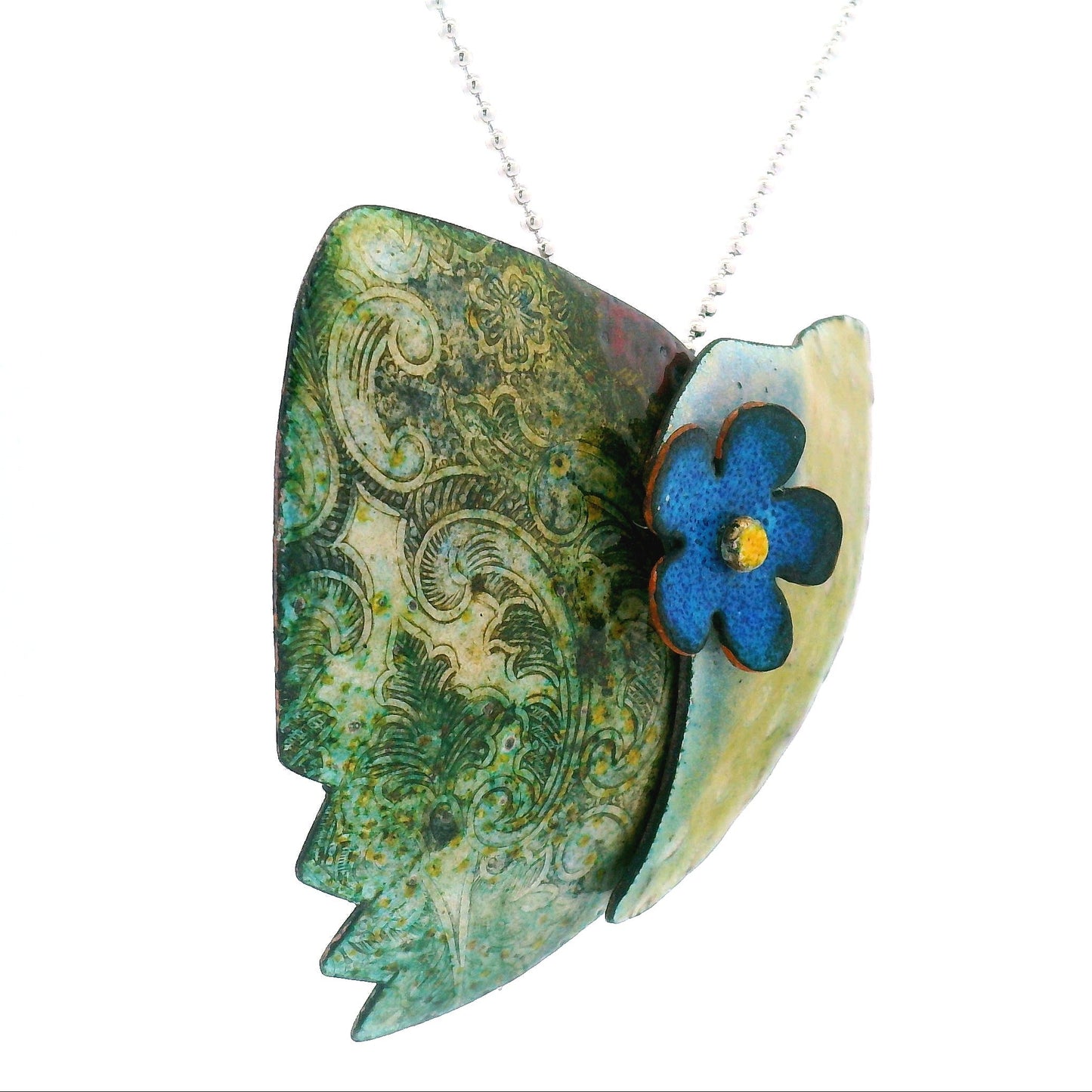 Enamel Green Leaf Blue Daisy Pendant