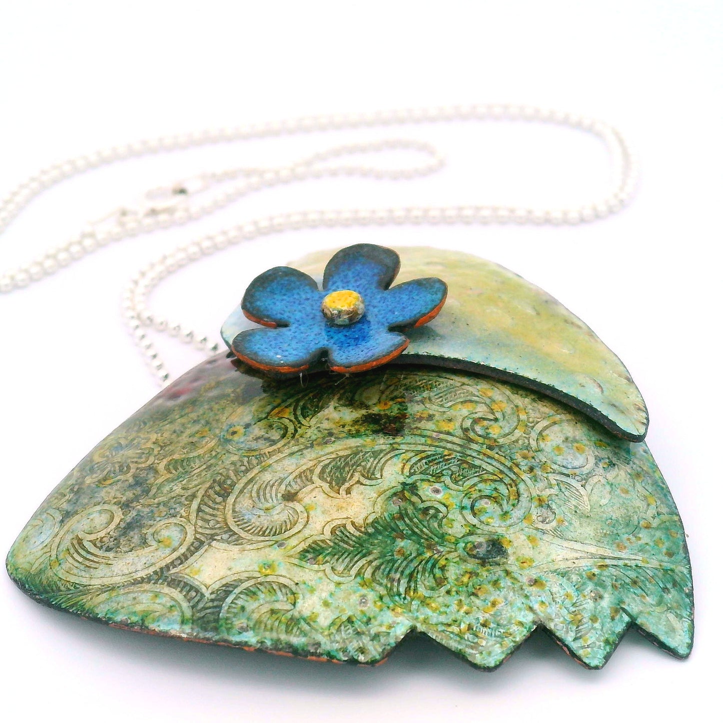 Enamel Green Leaf Blue Daisy Pendant