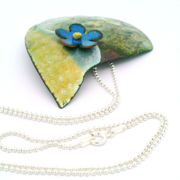 Enamel Green Leaf Blue Daisy Pendant