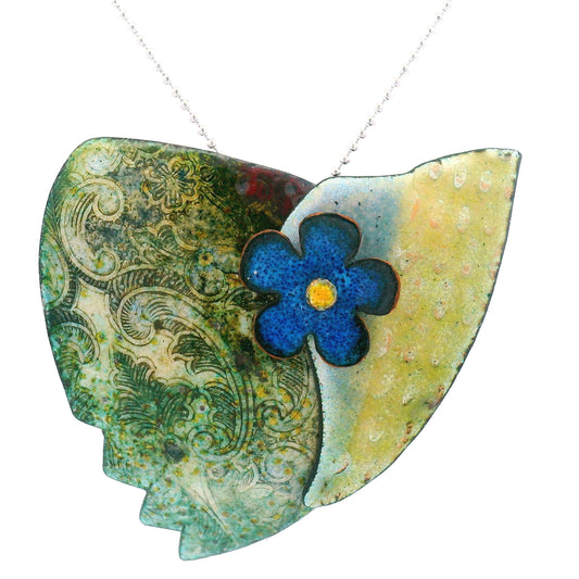 Enamel Green Leaf Blue Daisy Pendant