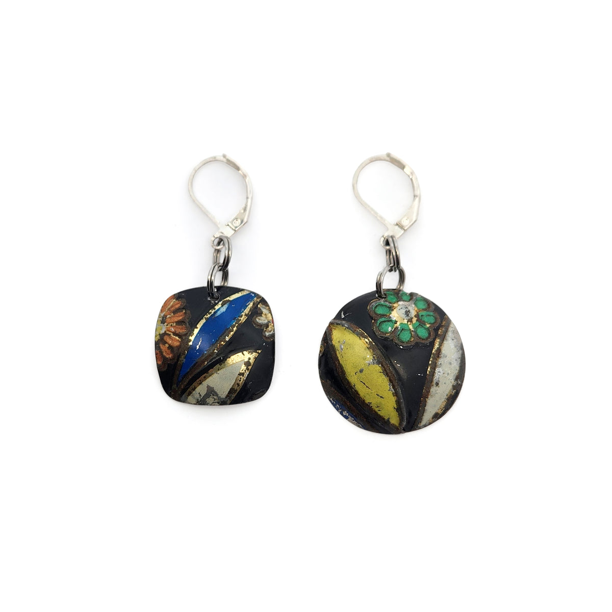 Black & Blue Vintage Tin Asymmetric Dangle Earrings