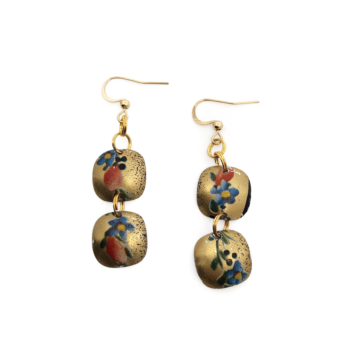 Gold Floral Double Dangle Vintage Tin Earrings