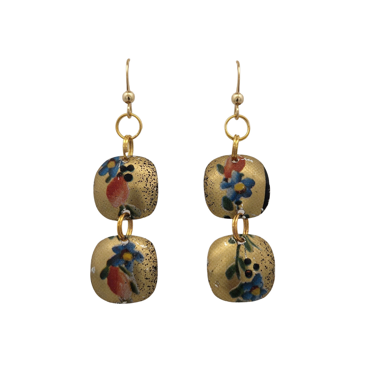 Gold Floral Double Dangle Vintage Tin Earrings