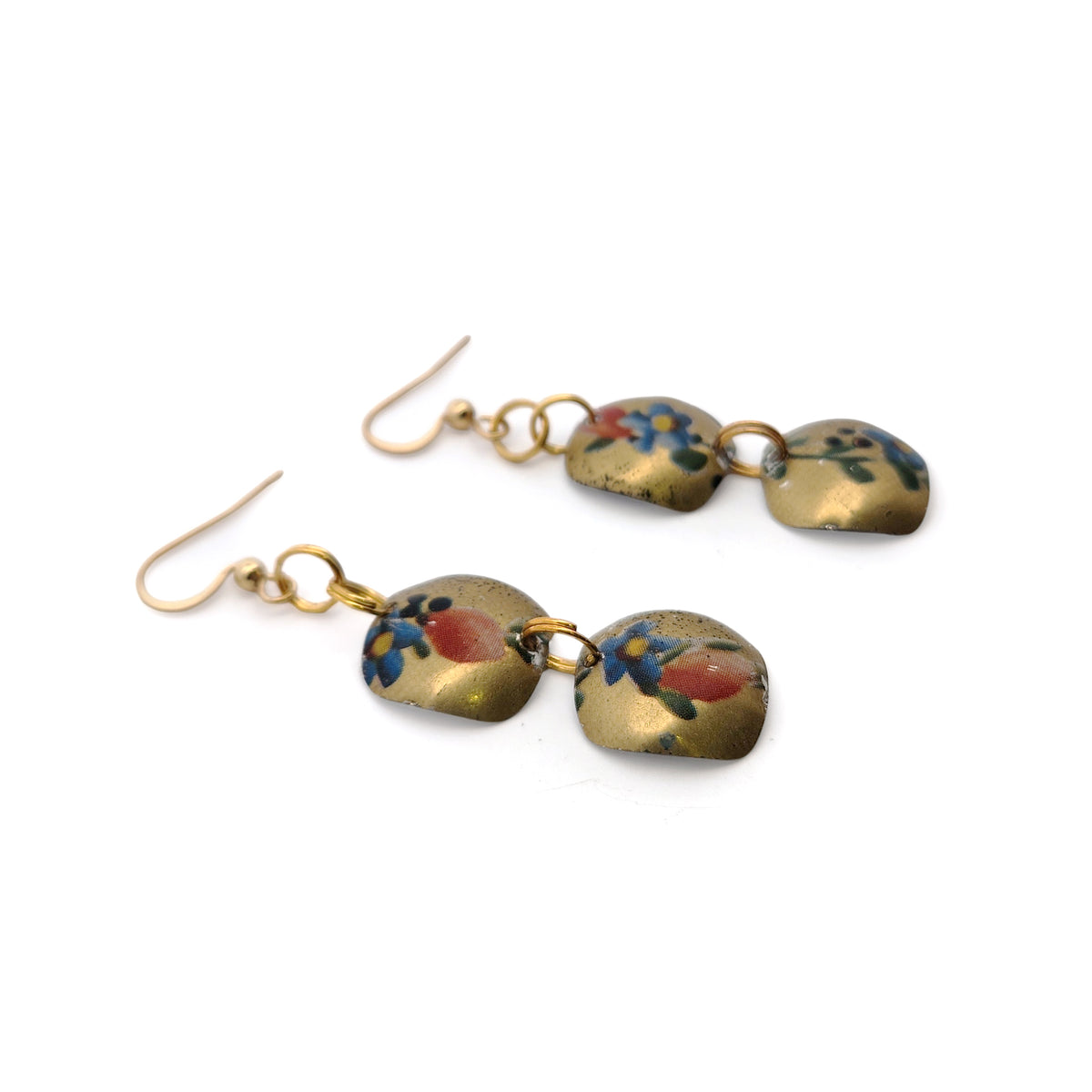 Gold Floral Double Dangle Vintage Tin Earrings