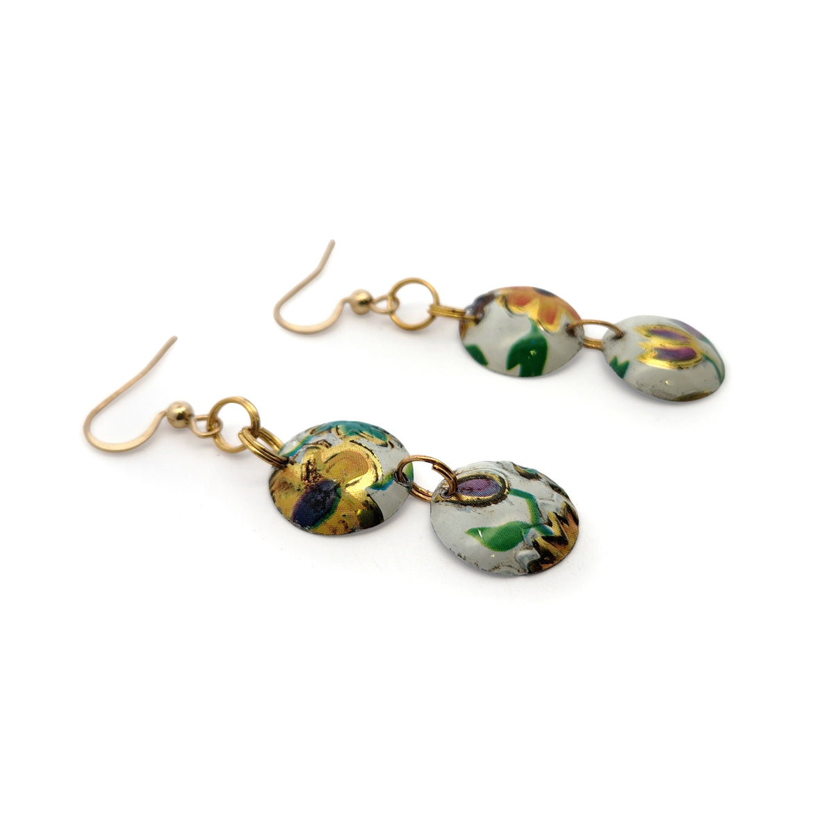 White Floral Double Dangle Vintage Tin Earrings