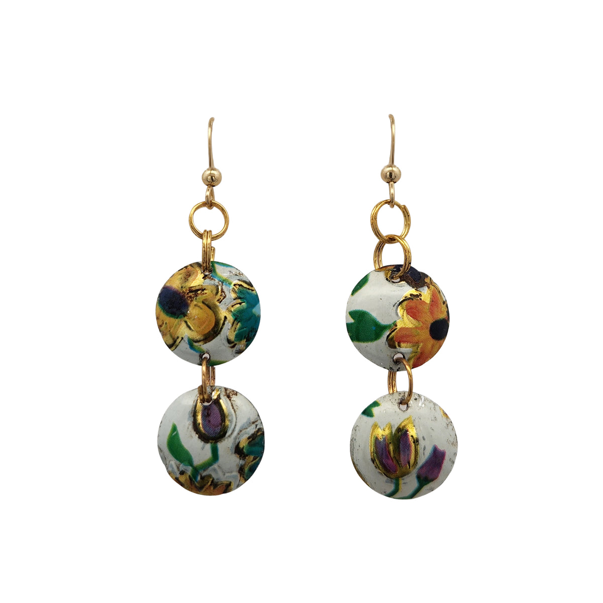 White Floral Double Dangle Vintage Tin Earrings