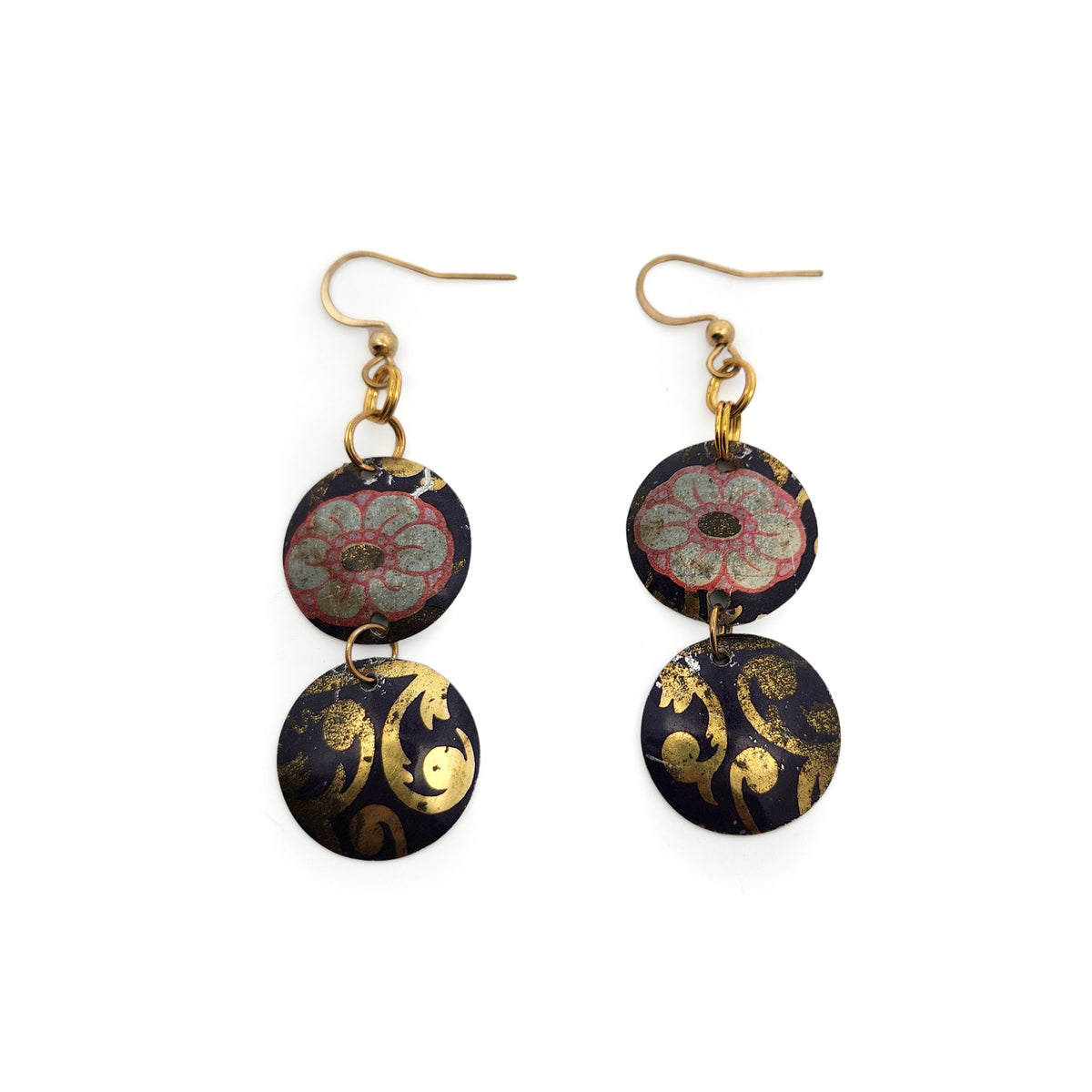 Black Floral Double Dangle Vintage Tin Earrings