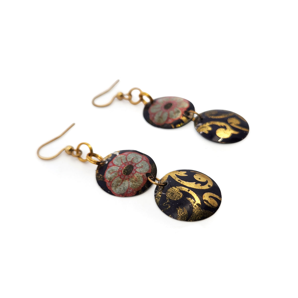Black Floral Double Dangle Vintage Tin Earrings