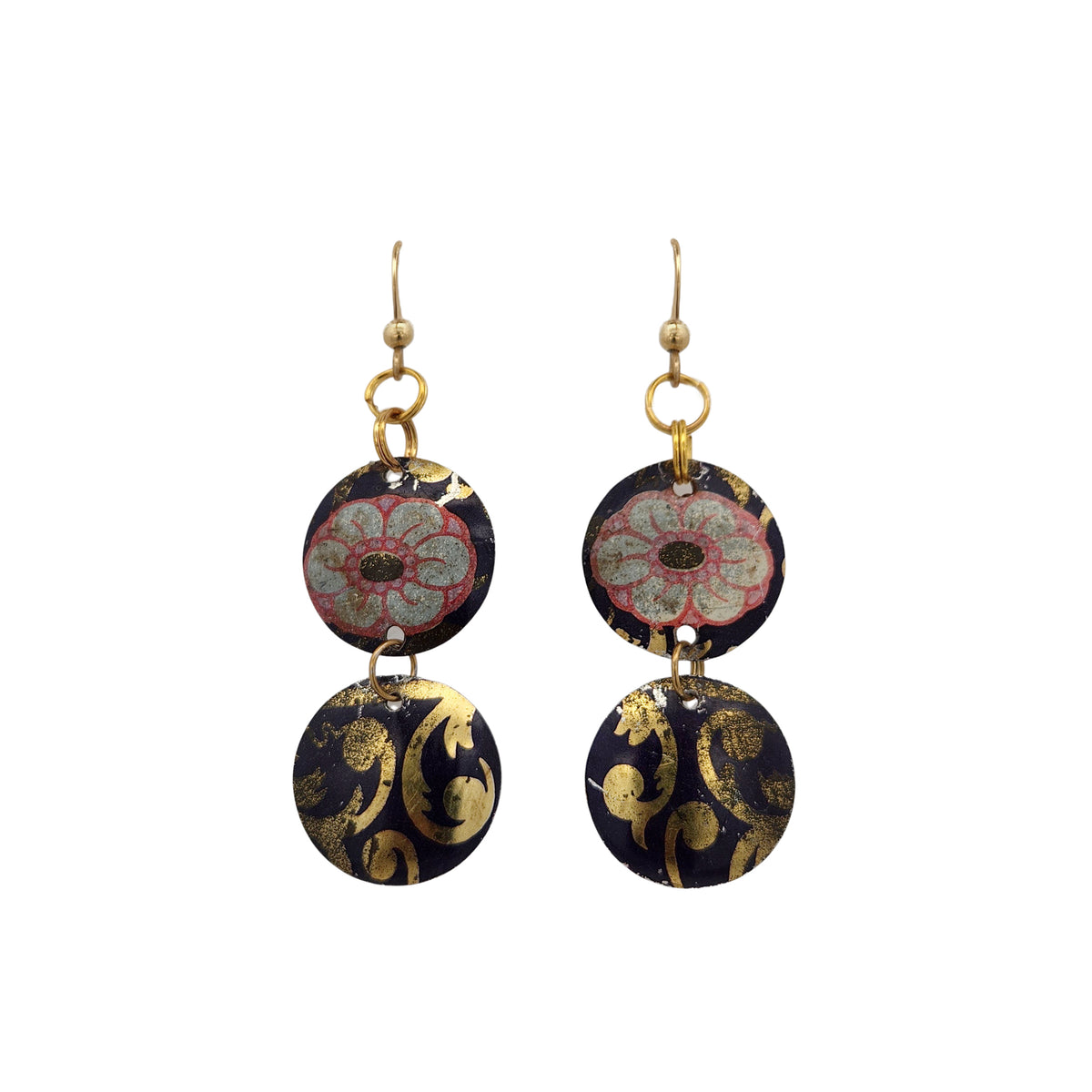 Black Floral Double Dangle Vintage Tin Earrings