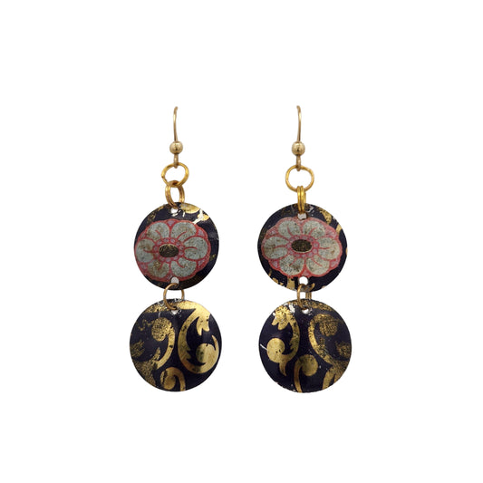 Black Floral Double Dangle Vintage Tin Earrings