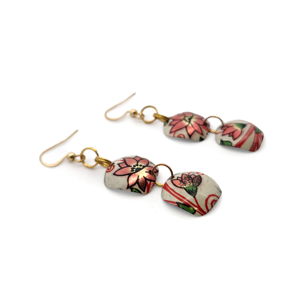White & Pink Floral Double Dangle Vintage Tin Earrings