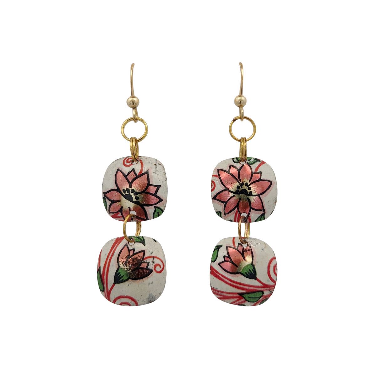 White & Pink Floral Double Dangle Vintage Tin Earrings