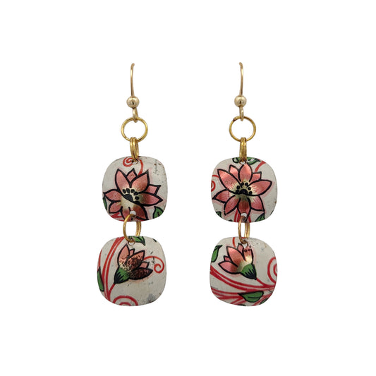 White & Pink Floral Double Dangle Vintage Tin Earrings