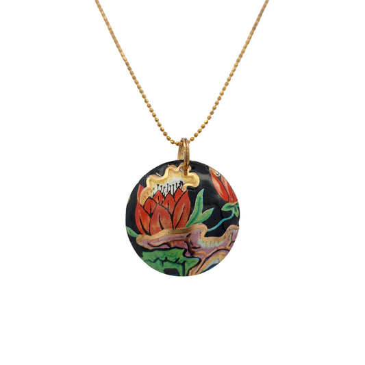 Black & Red Floral Drop Vintage Tin Pendant