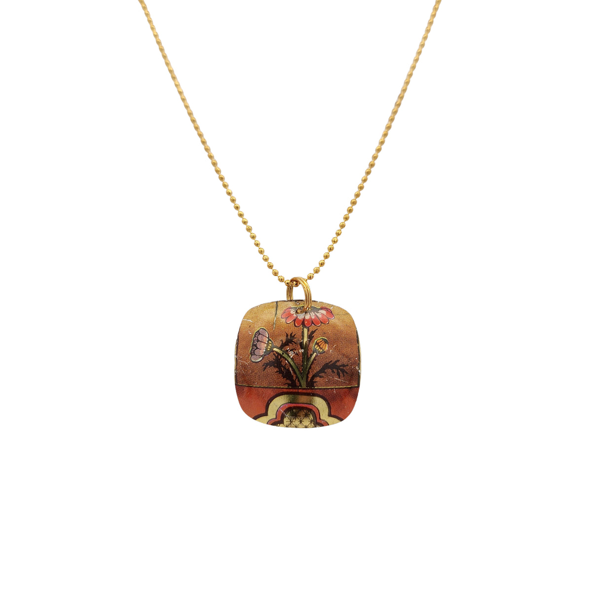 Small Orange Floral Drop Vintage Tin Pendant