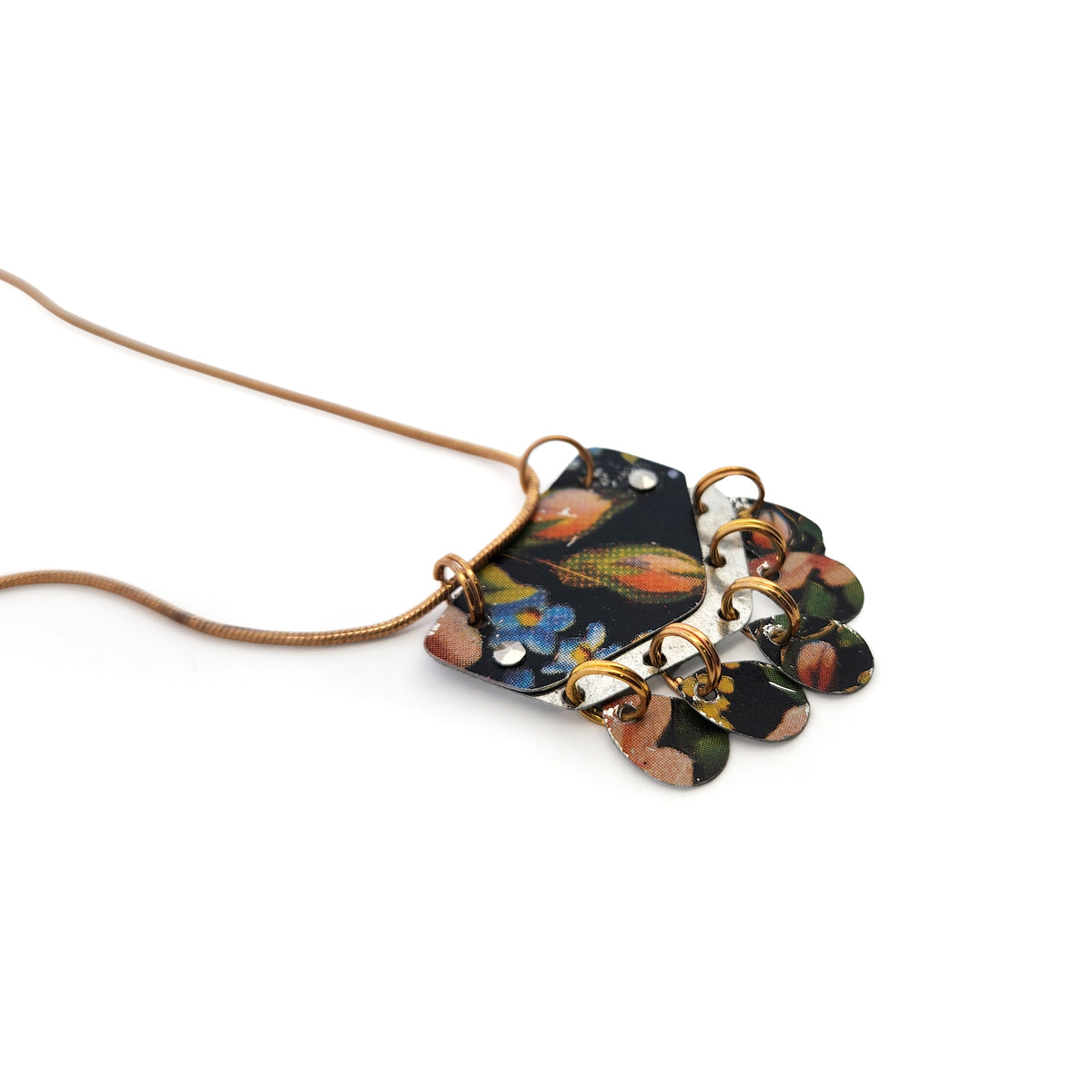 Black & Peach Floral Dangle Vintage Tin Pendant